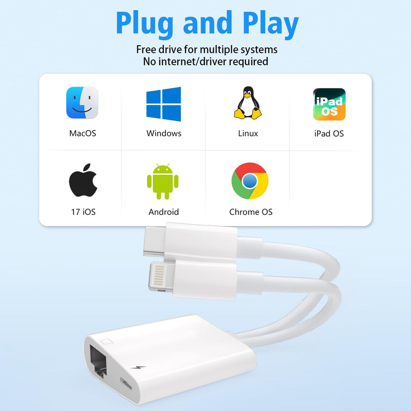 USB C to Ethernet Adapter,Apple MFi Certified Lightning to 10/100 Gigabit Ethernet Internet Adapter, 2 in 1 RJ45 LAN Network Dongle with PD Charging Prot for iPhone iPad Samsung Android MacBook Laptop