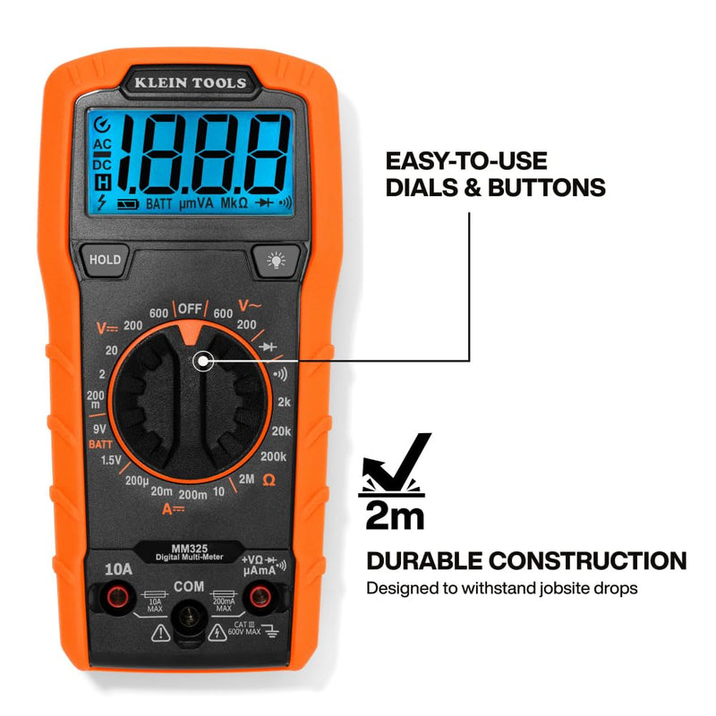 Klein Tools 80196 Digital Multimeter Kit with Case, Manual-Ranging 600V AC/DC Voltage Tester, Tests Batteries, Current, Resistance, Diodes, and Continuity, Protective Carrying Case Manual-Ranging w/Case