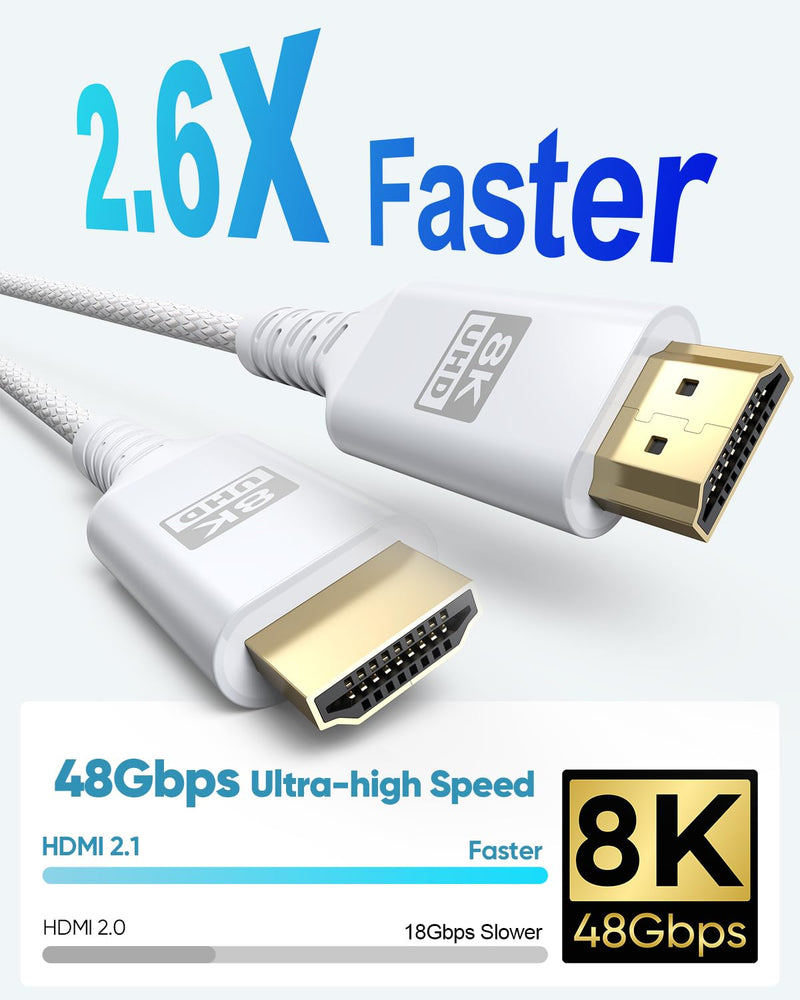 8K White HDMI Cable 20 FT, HDMI 2.1 Cable 20FT Ultra High Speed eARC Braided Long HDMI Cord with 8K@60Hz, 4K@120Hz, HDR10+, Dolby, 3D, HDCP2.3 for Laptop/Monitor/HDTV/Soundbar/Blu-ray/PS5/Xbox 1