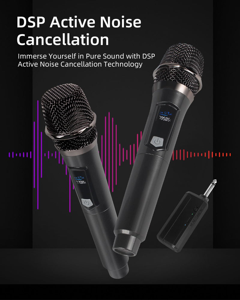 Wireless Microphone Set for Singing, Speech & Events, 2.4GHz Dual Cordless Mics with Rechargeable Receiver, 200ft Range, Metal Mic 2-Pack for Karaoke, Party, PA Systems（Black） Black