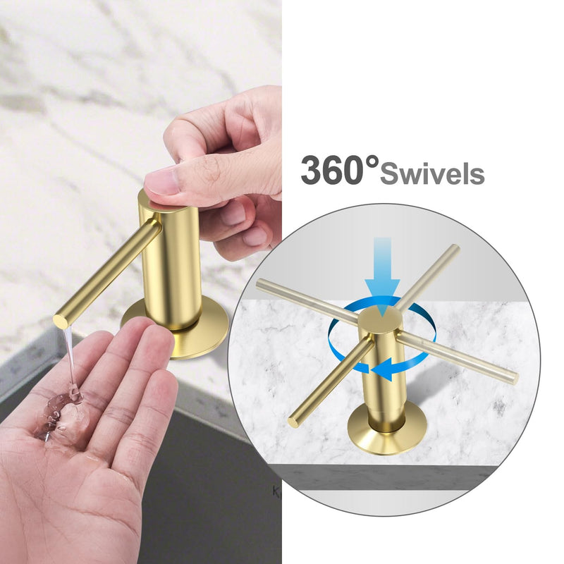Samodra Sink Soap Dispenser, Metal Pump Head Liquid Lotion Countertop Kitchen Bathroom Soap Dispenser with 12 OZ PET Bottle Brushed Gold
