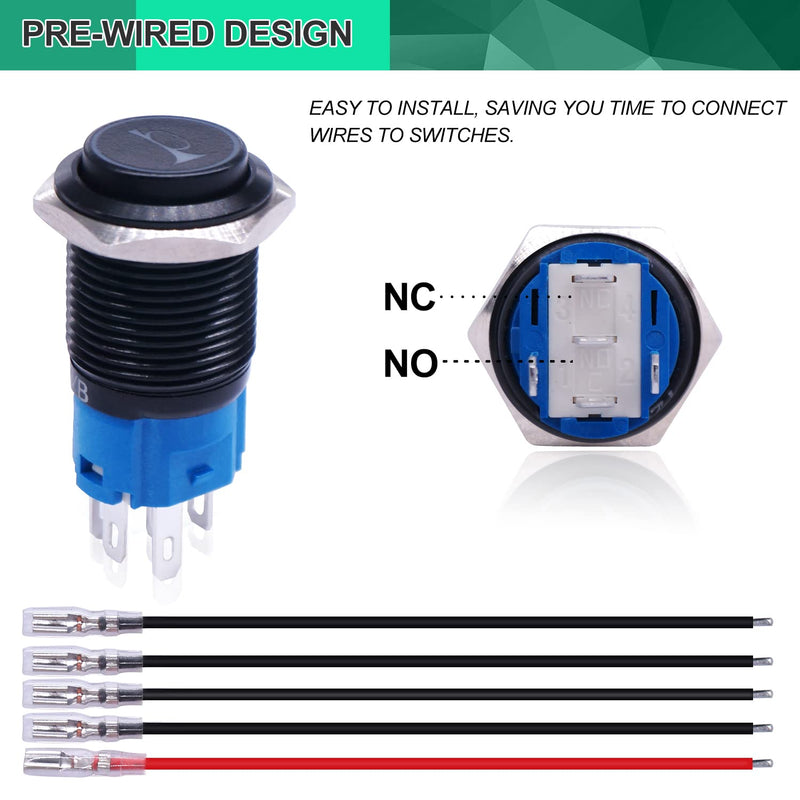 Twidec/16MM Raised Speaker Horn Momentary Push Button Switch 5/8" Mounting Hole 12V Blue Led Light Black Stainless Steel Shell 1NO 1NC SPDT with Pre-wiring Wires Switch For Car Modification BKG16LB-BU BK-blue