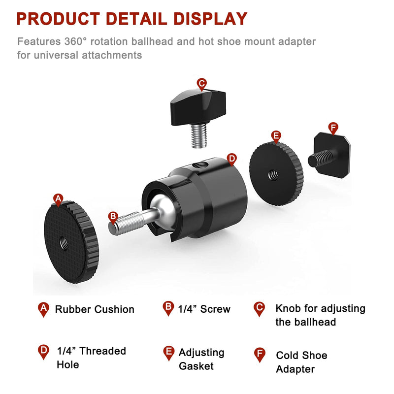 Camera Hot Shoe Mount with 1/4" Screw and Ball Head Adapter - Compatible with Camera, Camcorder, Smartphone, Action Camera, LED Lights, Microphone - 2 Pack
