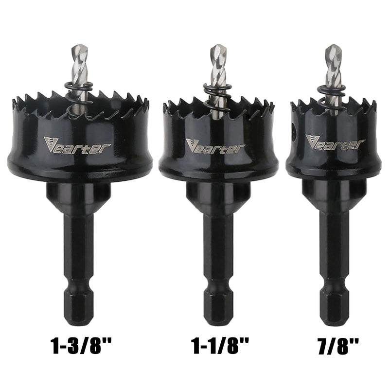 Bi-Metal Hole Saw Kit 3PCS, 7/8'' to1-3/8'' M42 Bimetal Hole Saw Set, Thin Wall Cobalt Drill Hole Cutter with Arbors for Wood, Sheet Metal, Copper, Plaster, PVC, Steel Plate, Drywall, Black 7/8'' - 1-3/8''
