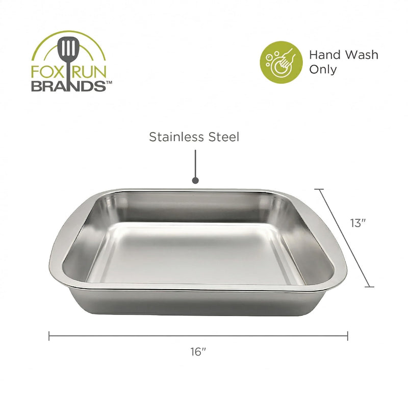 Fox Run Stainless Steel Roasting Pan, 16" x 13" Rectangular Oven Baking Pan