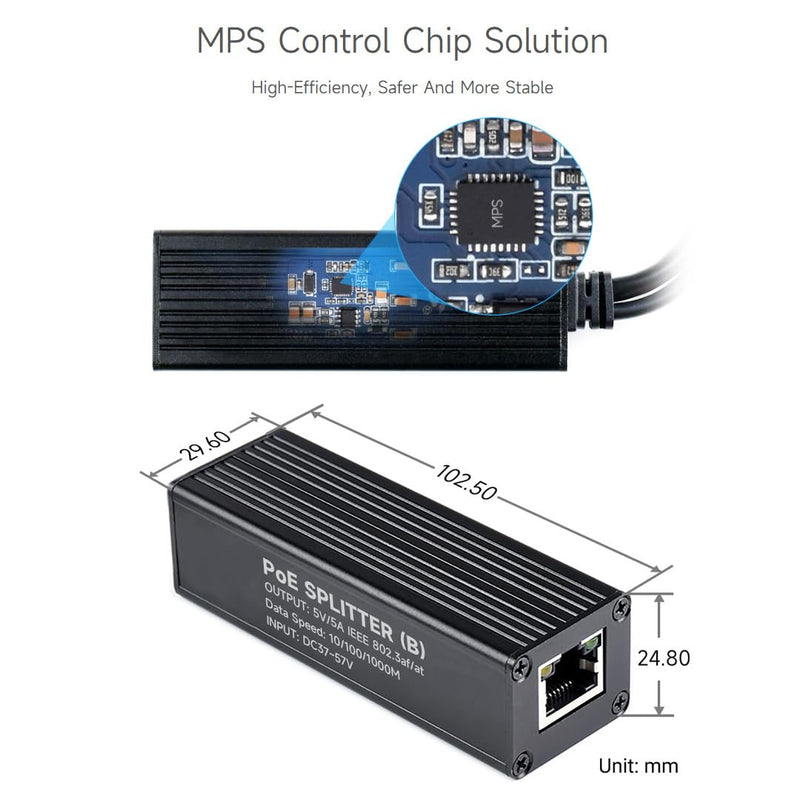 Waveshare Industrial Gigabit PoE Splitter, 5V 5A Type-C Output Port, Onboard MPS Control Chip