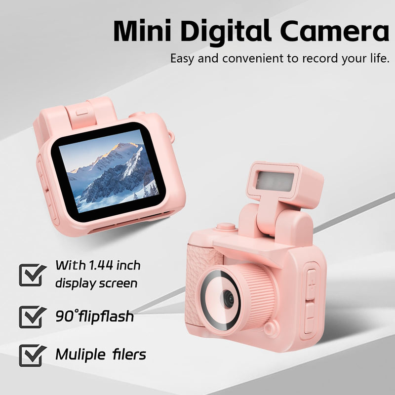 Mini Digital Camera, Keychina Camera with 1080P HD Video Recorder, 1.44" Display Screen Micro Camera with 32G Card, Flippable Flash, Muliple Filers Pink