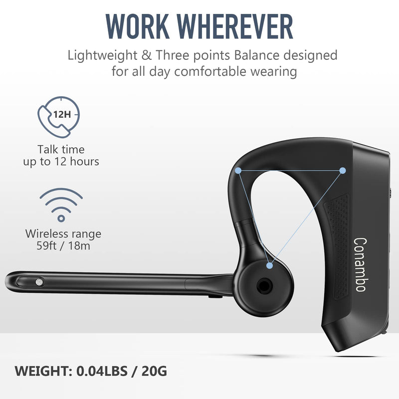 Conambo K21 Bluetooth Headset V5.1, Bluetooth Earpiece with CVC 8.0 Dual Mic Noise Cancelling Wireless Headphone - Mute & Volume Buttons 16Hrs Talking for iOS Android Cell Phone, Trucker, Office Work GREY