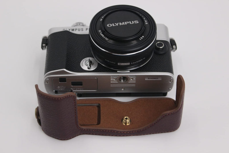 E-P7 Case, BolinUS Handmade Genuine Real Leather Half Camera Case Bag Cover for Olympus Pen E-P7 EP7 Bottom Opening Version + Hand Strap (Coffee) Coffee