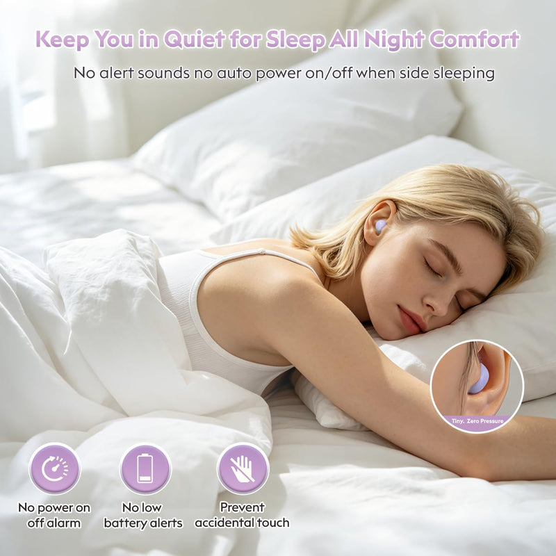 Mini Sleep Earbuds Bluetooth 6.0 Invisible Small Ear Buds for Side Sleepers | Cute Purple Design, Ultra Light 0.08oz, No Low Battery Beeps, Comfort Small Fit Wireless Sleep Headphones for Small Ears Work