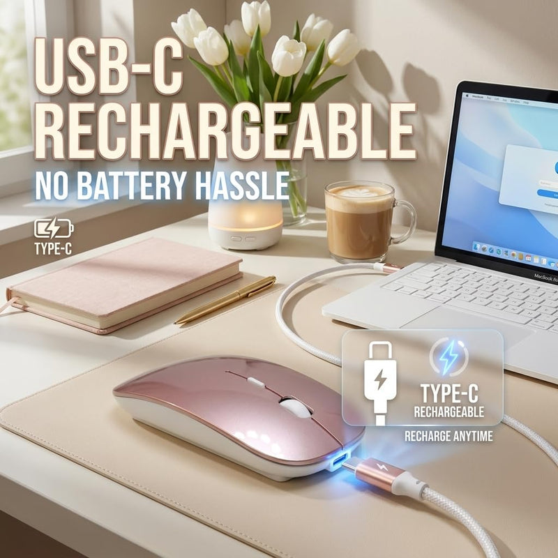Wireless Bluetooth Mouse for Mac Air MacBook Pro Laptop PC Pad Optical Rechargeable Silent Mouse with Jiggler Mode Dual Mode Switch Bluetooth 5.2/3.0 and 2.4G USB-A & USB-C Receiver Rose Gold RoseGold Portable