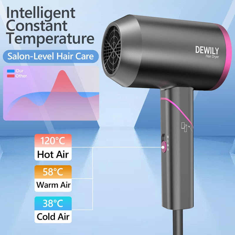 Travel Hair Dryer for Women Men-DEWILY Powerful Foldable Ironic Hairdryers | Fast Drying Hair Dryers for Curly Hair and Straight Hair，Small Blow Dryer Grey/Rose-1 Nozzle