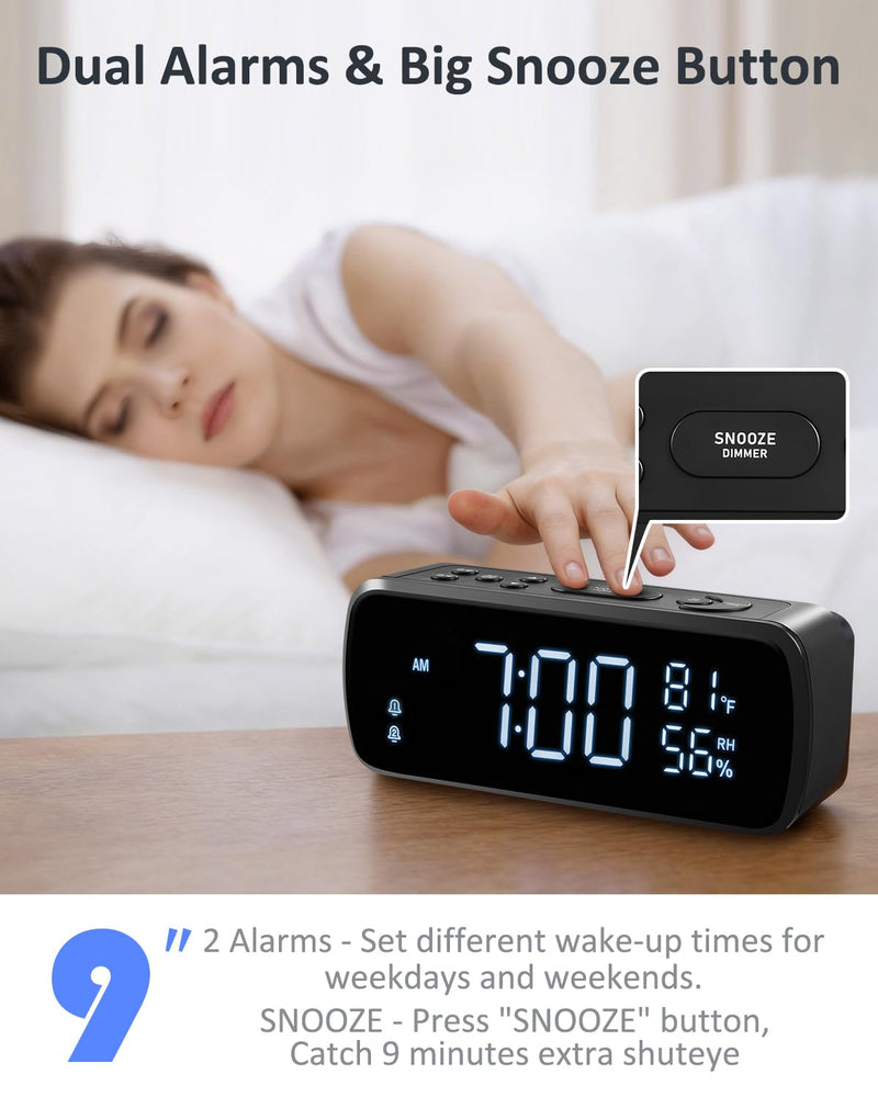 Digital Alarm Clock with FM Radio for Bedroom | 2 Alarms with Large LED Display,Snooze,USB Charger,Preset, Dimmer,Sleep Timer,Temperature,Relative Humidit,Adjustable Volume