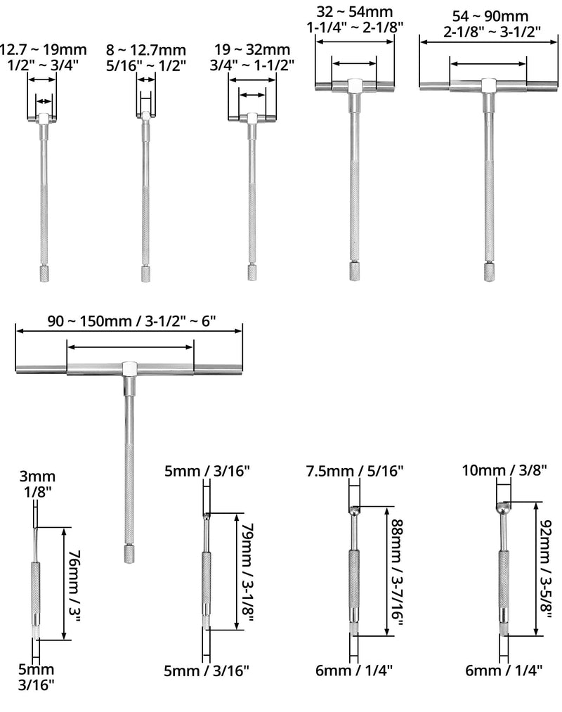 QWORK Stainless Steel Telescoping Bore Gauge Set - 1/8" to 1/2" Range and T Bore Hole Gauge Telescopic Gauge 6 Pcs 5/16" to 6"