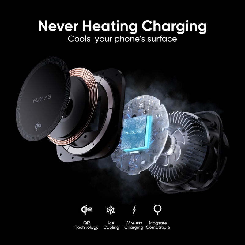 FLOLAB Qi2 15W Wireless Car Charger for iPhone 16/15/14/13/12 Qi2 Car Charger, Magnetic Vent Mount/Dashboard Mount Car Phone Holder, Fast Charging with Cooling Qi2 15W Fast Charging Kit 1
