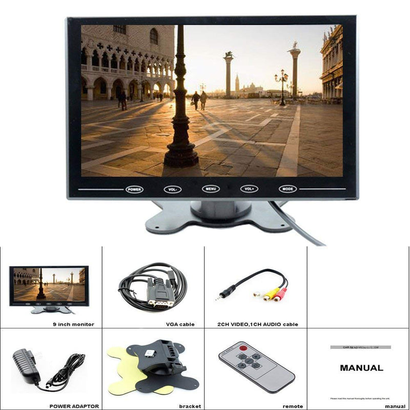 CAMECHO 9 Inch LCD Monitor HD Color Screen, 2 Video Input/HDMI/VGA, Support Car Backup, Mini PC Display, CCTV, Home Security, with Remote Control