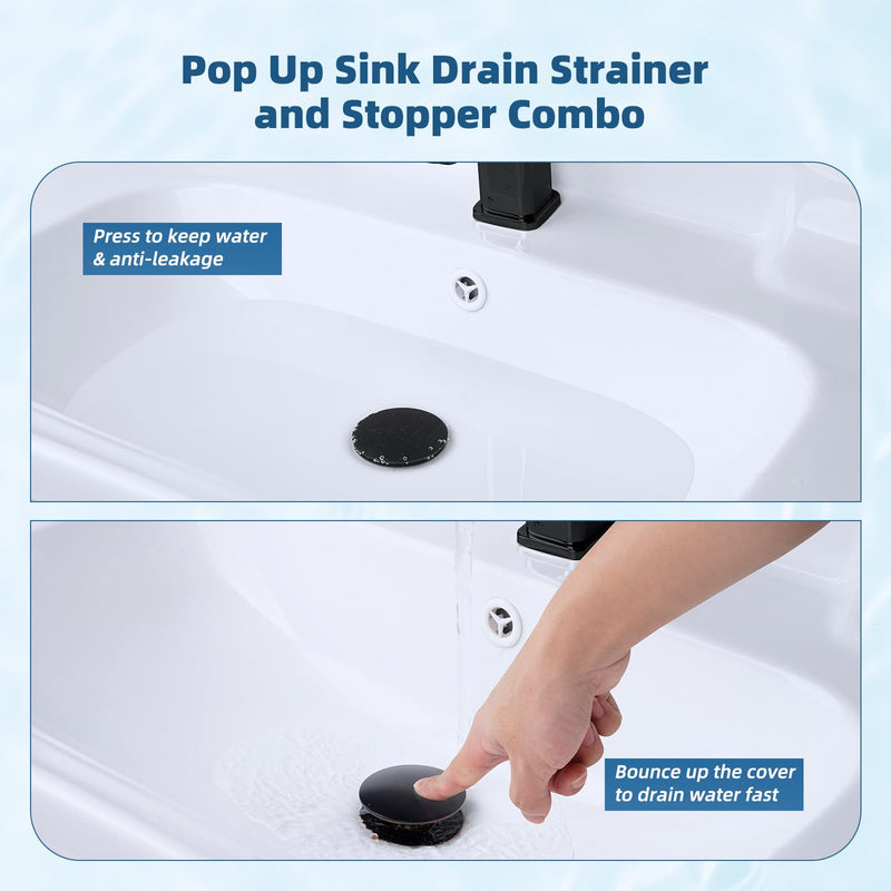 Hibbent 2 Pack 3 in 1 Bathroom Sink Drain Strainer, Pop Up Sink Stopper with Big Push Cap, Anti-Clogging Metal Filter Basket,Sink Plug with Hair Catcher for 1.1''~2.36'' Basin, Oil-Rubbed Bronze