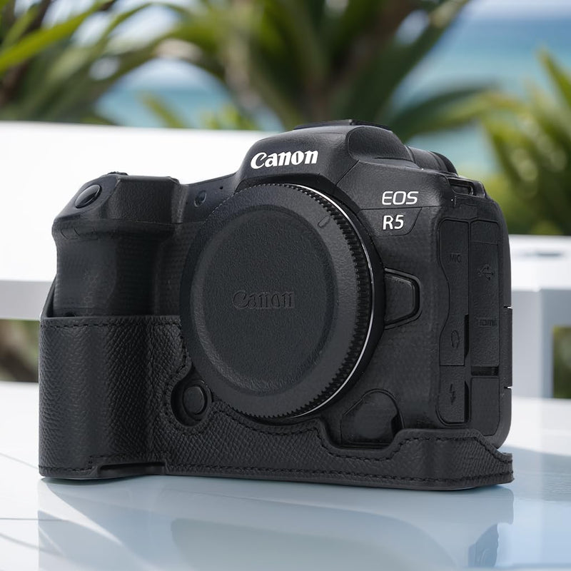 for Canon EOS R5 Camera Case,Handmade Genuine Real Leather Half Camera Case Bag Cover for Canon EOS R5 Camera Bottom Opening Version + Hand Strap (Black) black
