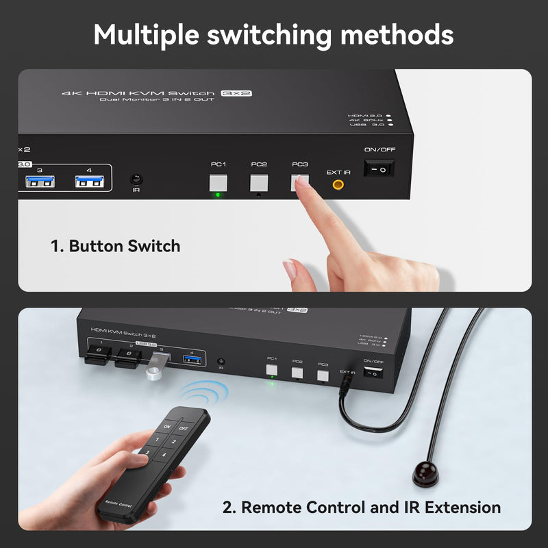 HDMI KVM Switch 3 Computers 2 Monitors 4K60Hz EDID for 3 PC Share Dual Monitor and 4 USB 3.0 Port with Controller HDMI 3 PC 2 Monitors Black