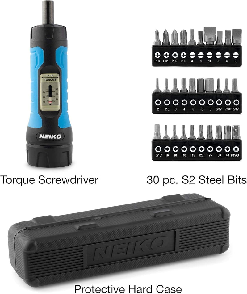 Neiko 10574A 1/4” Drive Torque Wrench Screwdriver Set | 30 Pieces of S2 Steel Philips, Hex, Slotted, and Torx Bits | 10 to 60 Inch-Pounds Torque Adjustment Range | Firearms Accurizing and Gunsmithing