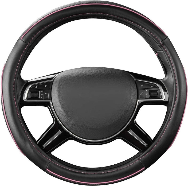 CAR Pass Colour Piping Leather Universal Fit Steering Wheel Cover, Perfectly fit for 14.5-15 inches Suvs, Vans, Trucks, Sedans, Cars (Black&Pink) Black&Pink