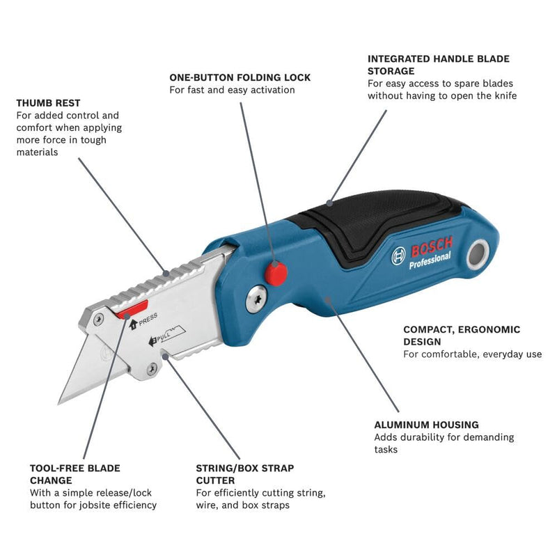 BOSCH H11-14200-1 3-Piece Utility Knife Set | Folding, Snap-Off, and Retractable Knives with Robust Design, Integrated Blade Storage - Includes 7 Blades Folding + Snap-Off + Utility 3 Count