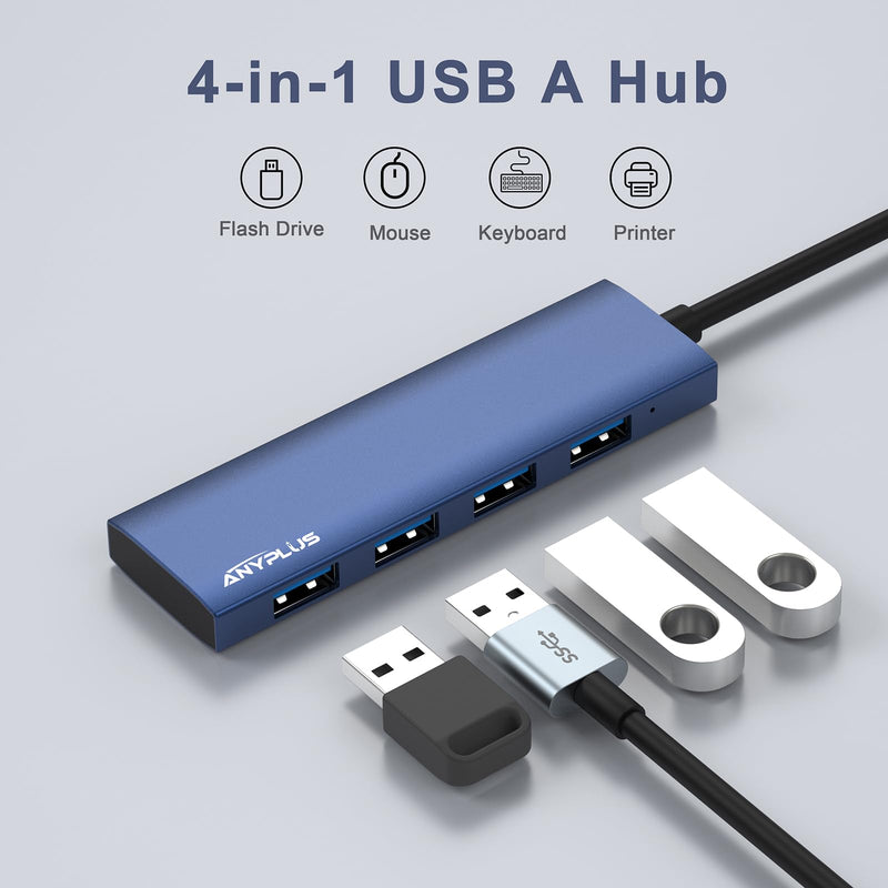 USB Hub, USB 3.0 Hub Aluminum Alloy Ultra Slim USB Splitter, Portable 4 Port USB Extender, USB Hub for Laptop, PC, MacBook, iMac, Surface Pro, Mac Pro, Flash Drive, XPS 【Blue】 0.8 Ft/0.25M Blue-Aluminum Alloy