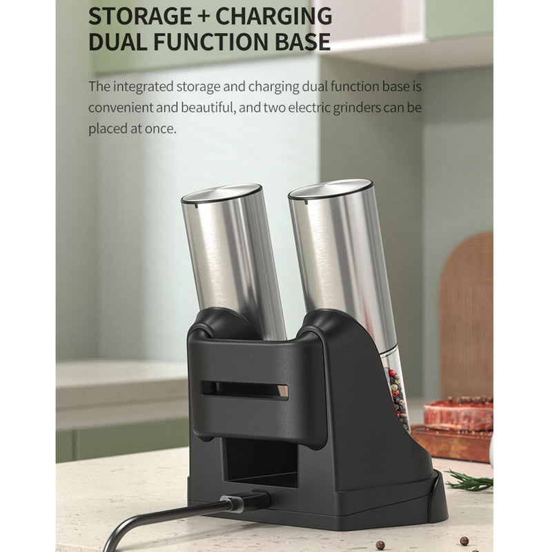 RECHARGEABLE - Electric Pepper and Salt Grinder Set, Adjustable Coarseness, With LED Light, One Hand Automatic Operation (C/Silver) C/Silver