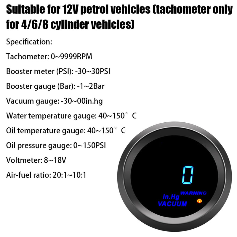 AUCELI Car Digital Vacuum Gauge, Universal Meter Kit, 2" 52mm & Blue LED Light Display