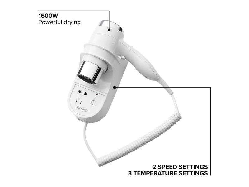 Corby Kendal 1600W Wall Mounted Hair Dryer with Shaver Socket - White