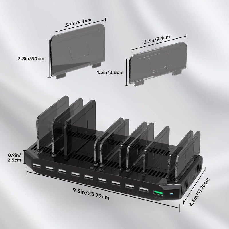 Multi USB Charging Station for Multiple Devices, 60W 10 Ports Multi Charger Station with QC3.0 Port & Adjustable Dividers Compatible with Tablets, Smartphones Black