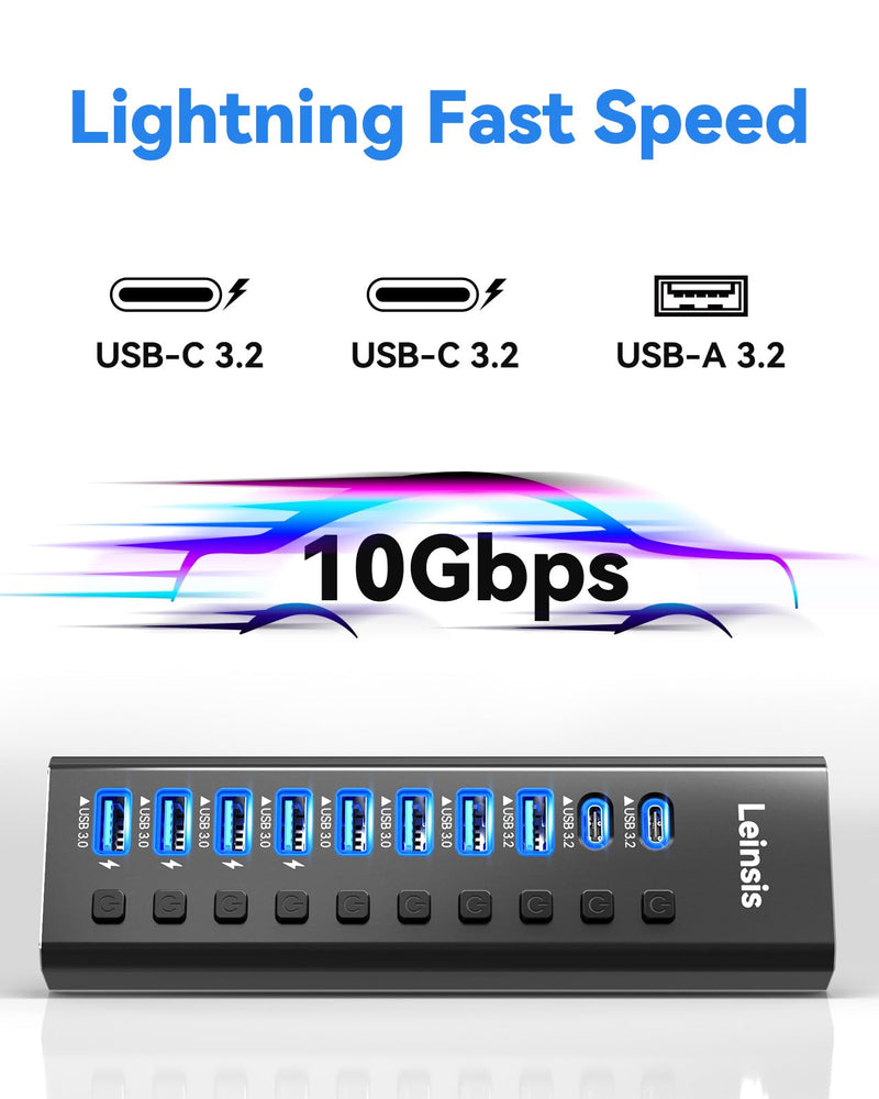 Powered USB Hub 3.2, LEINSIS 10-Port USB 3.2/USB C Hub (10Gbps USB-A 3.2 +2 USB-C 3.2 +7 USB 3.0 Ports) with Individual On/Off Switches and 12V Power Adapter, Aluminum USB Hub Powered for Laptop PC 10-Port USB 3.2 Hub light black