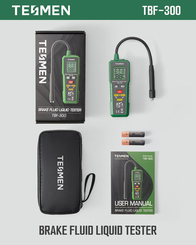 TESMEN TBF-300 Brake Fluid Tester with 8.5-Inch Corrosion Resistance Gooseneck Probe, Testing for DOT3, DOT4, DOT5.1, Brake Fluid Tester Pen with Light, Data Hold, Backlight Alarm for Auto Care-Green SMALL Green 1