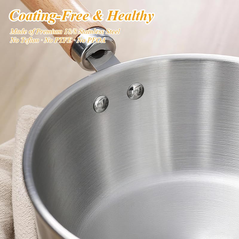Korean Ramen Pot Set, 18/8 Stainless Steel Ramen Cooking Pot with Glass Lid, Coating-Free One-Person Dining Set, Wooden Handle Bowl, Fork Spoon Chopsticks&Sauce Dish, Safe for Gas Stove Glass Lid Pot