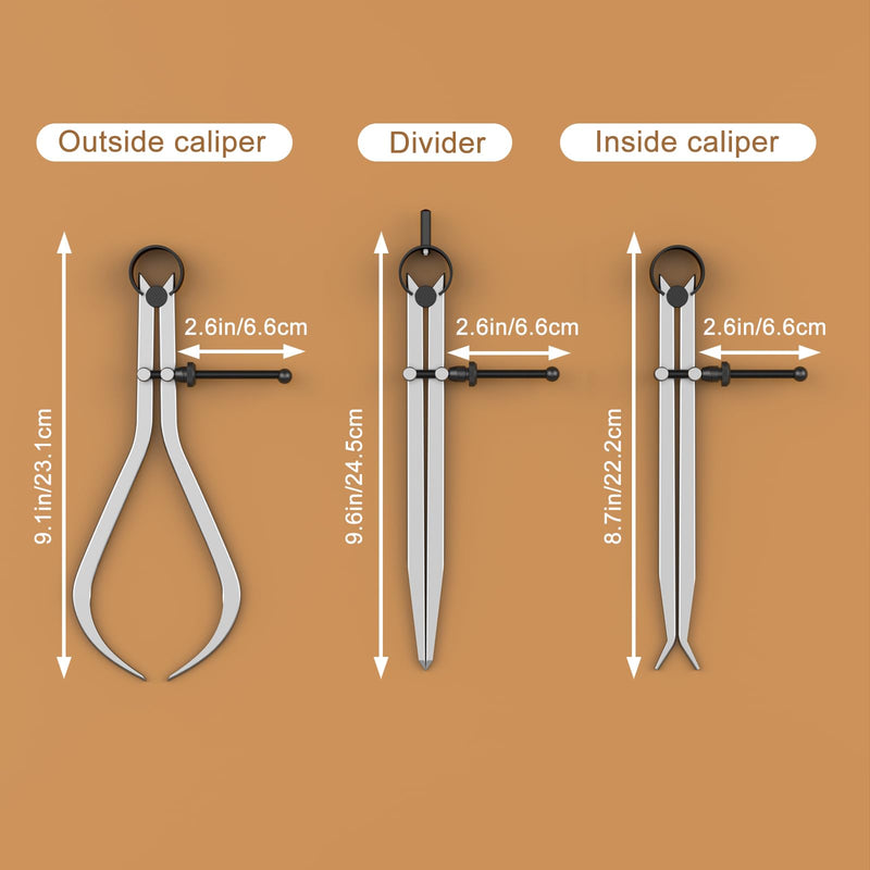 HDLNKAK 3 Pieces Spring Caliper/Divider Set, Carbon Steel Long Inside and Outside Divider Caliper 8-Inch, Adjustable Lockable Spring Wing Calipers for Wood Turning and Lathe Work