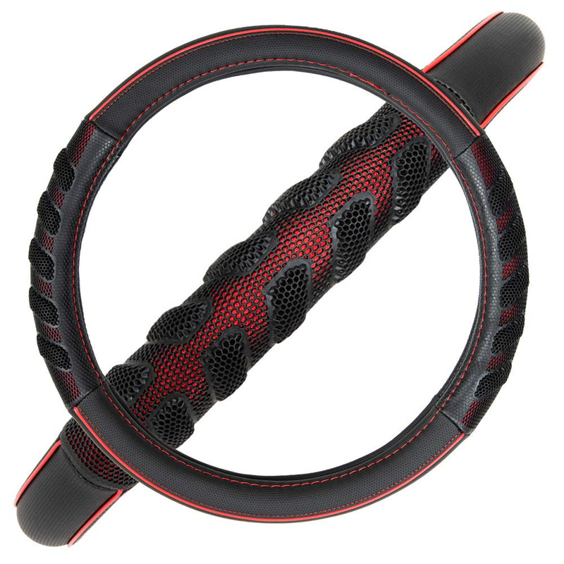 Flying Banner car Steering Wheel Cover Faux Leather Massage Universal fit 3D Honeycomb Hole Anti-Slip Sporty 15 Inches (Red Black)… Red black