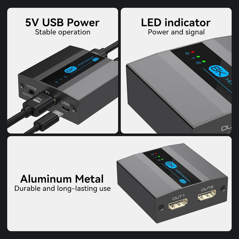 HDMI Splitter 8K 2 in 1 Out HDMI Selector 4K@144HZ/60Hz 8K@60Hz Support EDID Management HDCP 2.3 HDR 10 for Laptops PCs TV Boxes DVD Players PS5/PS4/PS3