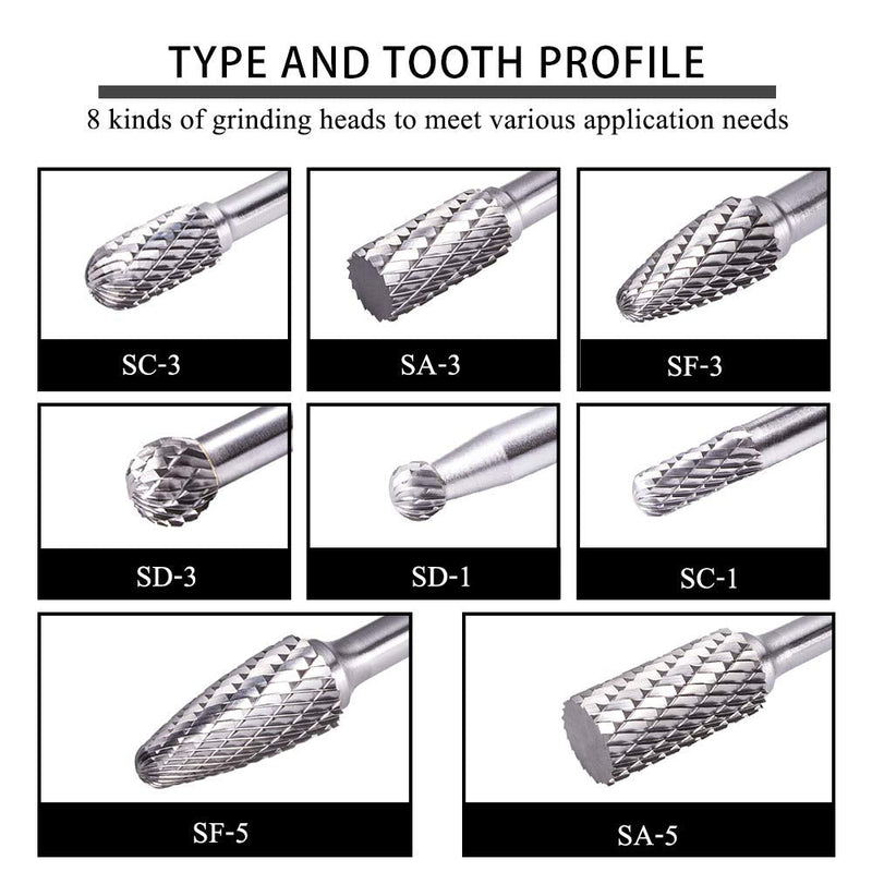 TJATSE Professional 8-Piece Double Cut Carbide Rotary Burr Set 1/4" Shank with Tool Carry Case, for Die Grinder Drill, Metal Wood Carving, Engraving, Polishing, Drilling