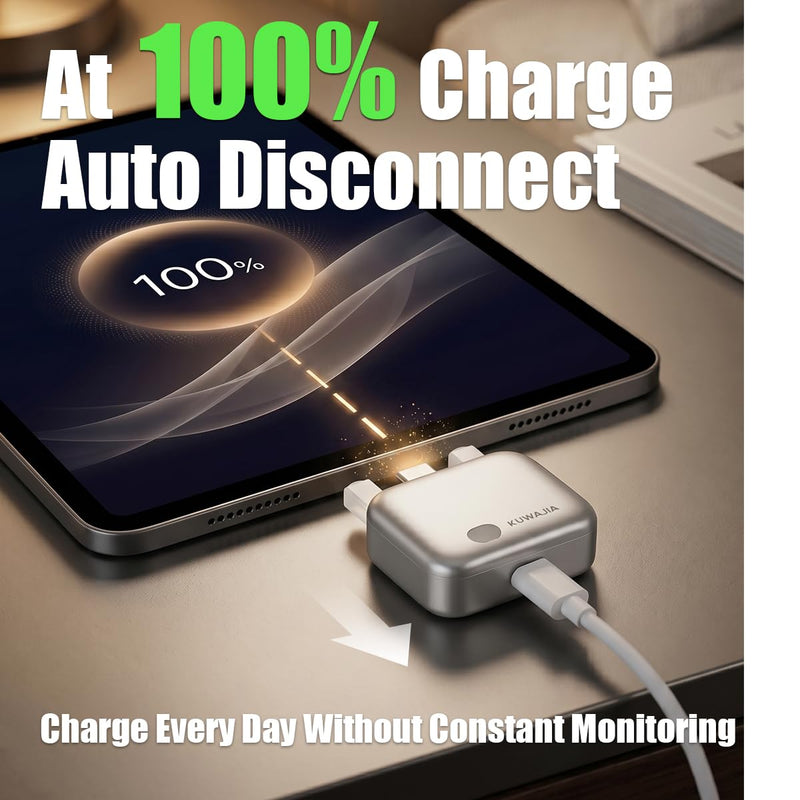 2PCS KUWAJIA 140W AI Smart Recognition Auto-Unplugger, Physical Disconnect Battery Guard, Auto-Eject on Full Charge, Fast Charging Adapter for iPhone/Android Phones,/Earphones 2