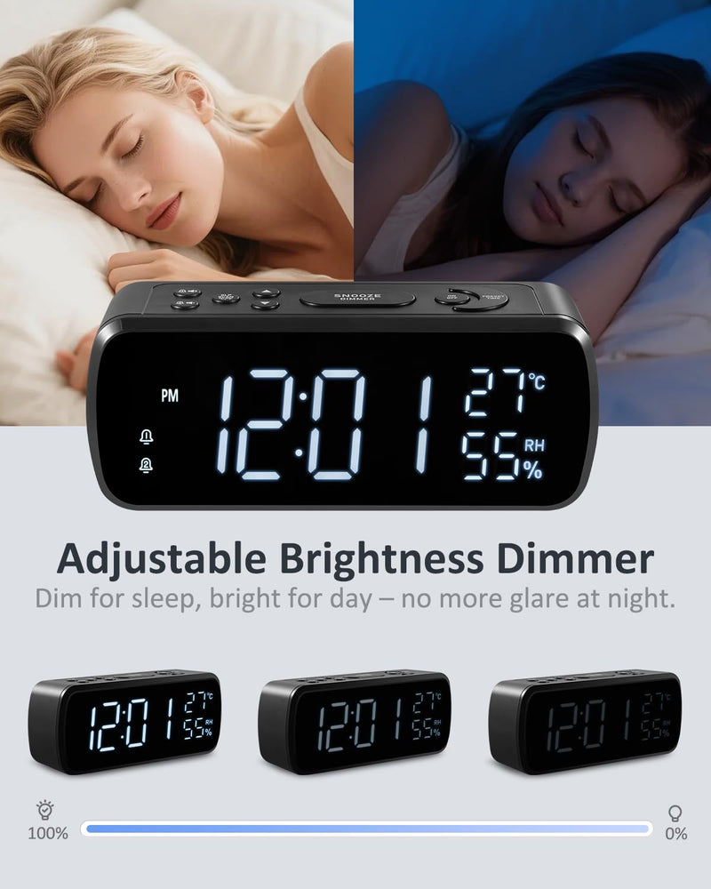 Digital Alarm Clock with FM Radio for Bedroom | 2 Alarms with Large LED Display,Snooze,USB Charger,Preset, Dimmer,Sleep Timer,Temperature,Relative Humidit,Adjustable Volume