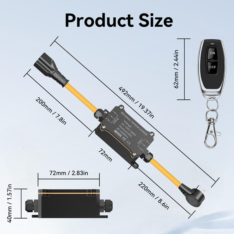 AC110-250V 20A Waterproof Remote Control Switch Socket Suit,164ft Remote Control,Outdoor Weatherproof Multi-Functional Socket Switch,Suitable for Vacuum Cleaners,Water Pumps,Lighting Fixtures