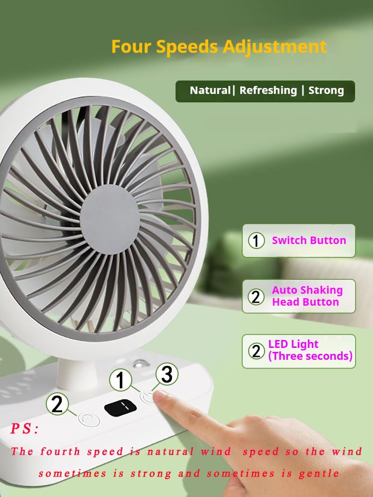 Desk Fan, 5.5" 4000mAh Rechargeable USB Portable Fan with Night Light, 90° Auto Oscillating Fan with Digital Display and Hanging Hook, 4 Speeds Strong Wind, 14Hours for Home Office Kitchen Camping