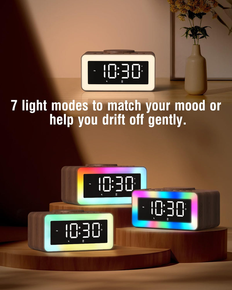 Alarm Clock with Wireless Charging, Bluetooth Speaker, White/Brown Noise Sound Machine Night Light, Wooden Digital Alarm Clocks for Bedrooms, Wireless Charger for iPhone, Birthday Gifts for Men Women