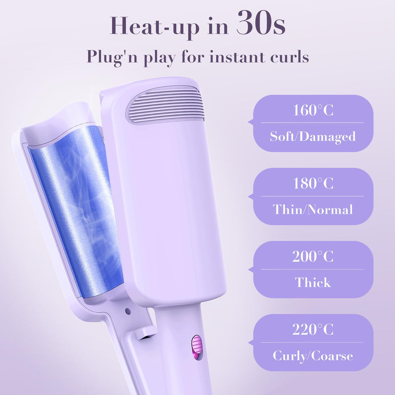 AISEELY Hair Waver, 32MM Hair Curler, Beach Wave Curling Iron,3 Barrel Deep Ionic Curling Wand with Ceramic Adjustable Temp (160°C-220°C),Anti-Scald Design & Travel Lock | Purple