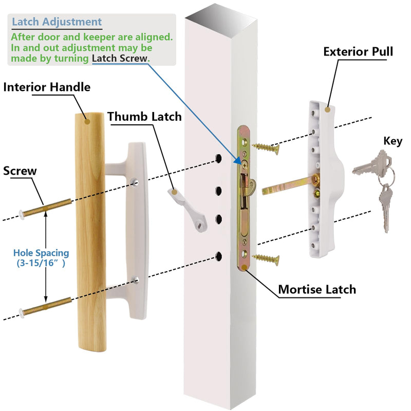 Sliding Glass Patio Door Handle Set with Key Cylinder and Mortise Lock 45° Keyway, Oak Wood Inside Handles and Zinc Diecast Outside Pull, 3-15/16" Hole Spacing, Non-Handed, White White Keyed Handles + Mortise Lock