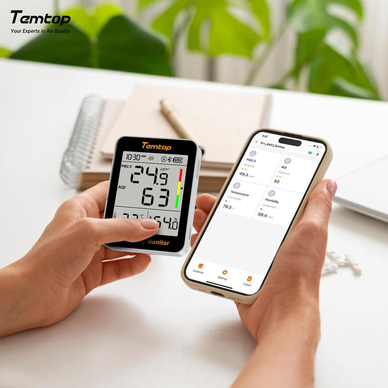 Temtop Smart Air Quality Monitor with Indoor Thermometer & Thermo-Hygrometer – PM2.5, AQI, Temperature and Humidity Detector for Home, Office, Nursery, School, App Connectivity, 60-Day Battery Life 2 Modes/Extended Standby/APP 1