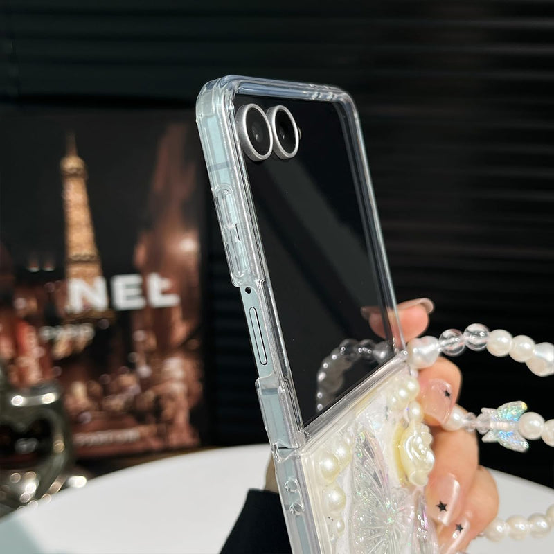 AuroiCYY For Samsung Galaxy Z Flip 8 Case with Chain, Cute 3D Pearl Bling Crystal Clear Sparkle Butterfly Floral Case for Women Girls Shockproof Soft Phone Cover with Wrist Strap for Z Flip8 5G, Clear