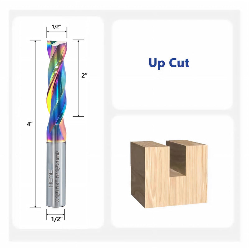 HEME Spiral Upcut Router Bit 1/2 Inch Shank with Extra Long Life Coating, Carbide CNC Router Bits End Mill for Wood Mortises Carving Engraving UP Cut Router 1/2-4"2F