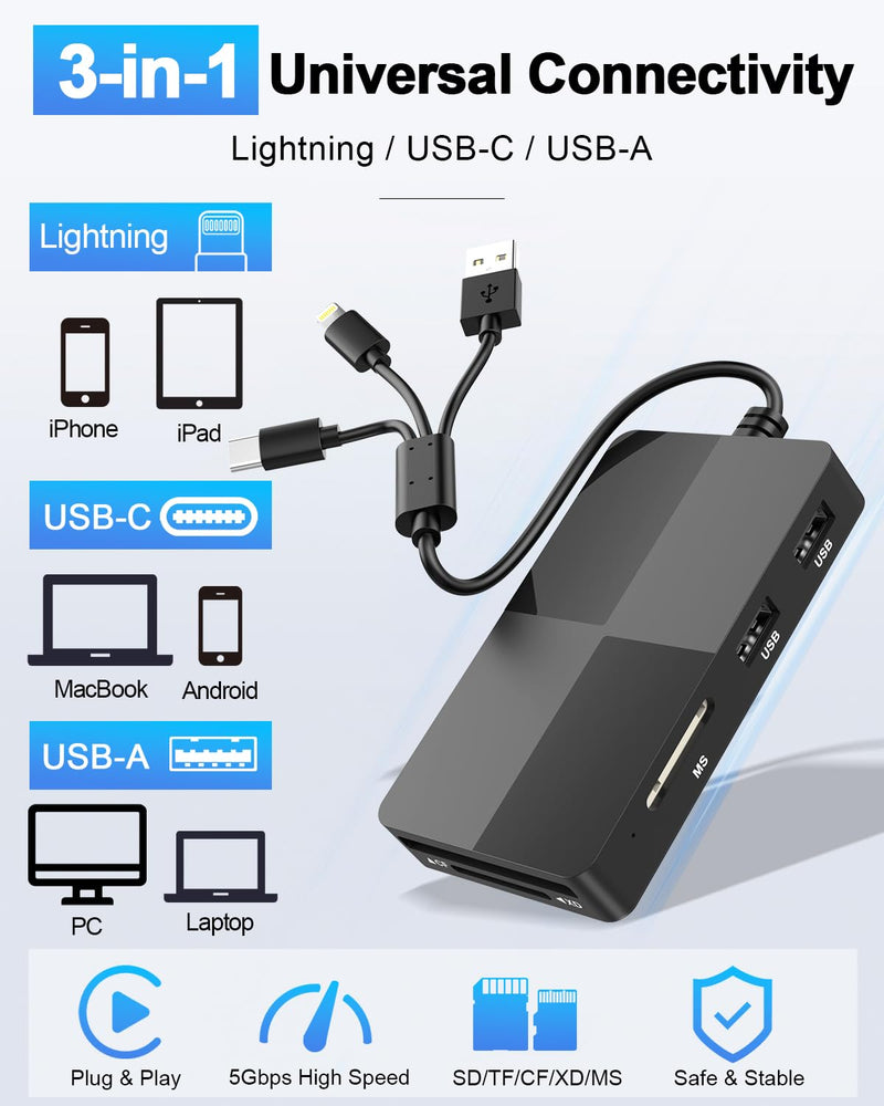 8-in-1 Memory Card Reader, Memory Stick Pro Duo Adapter, SD/TF/MS/CF/XD Card Reader with 3 USB 2.0 Ports, USB-C/Lightning/USB-A Multi Card Reader for iPhone iPad Android Mac PC, OTG Plug & Play