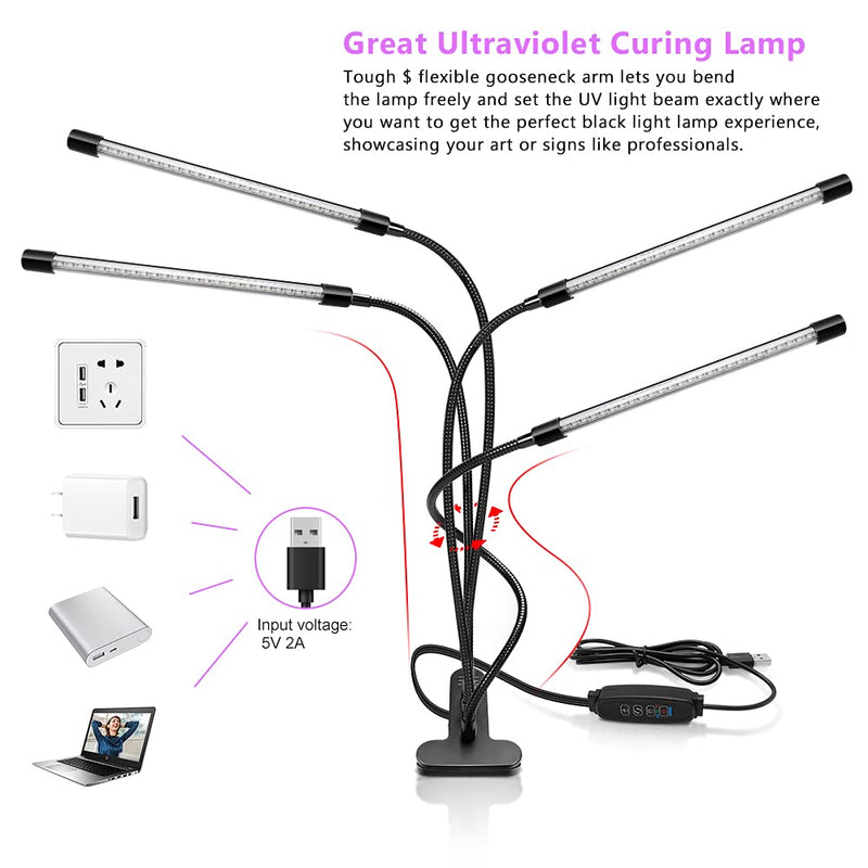 LED Black Light 4-Head, 40W UV Light Fixture with Clamp, 395-405nm UV Gooseneck Lamp USB Powered for Blacklight Party, Stage Lighting, Resin Cure, 3D Print, Glow in The Dark Tube 4 Head